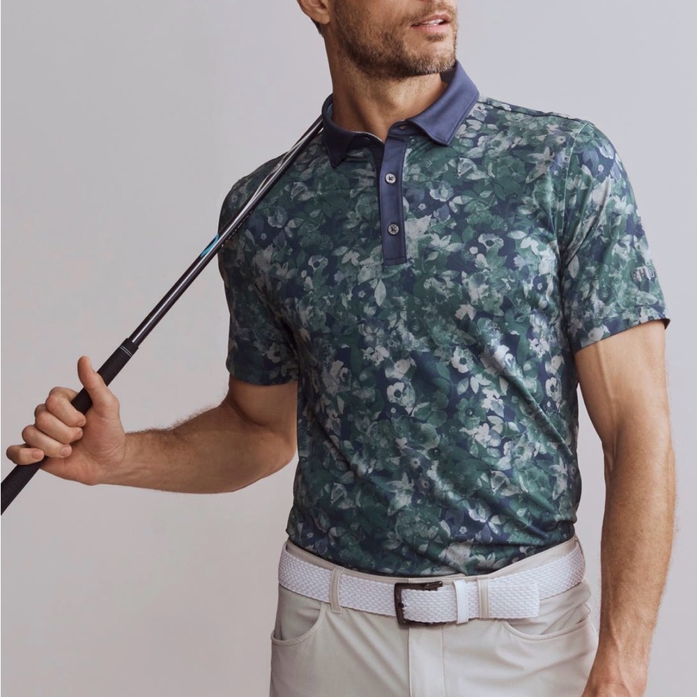 RHONE Navy and Green Patterned Polo Shirt - Picture 8 of 10